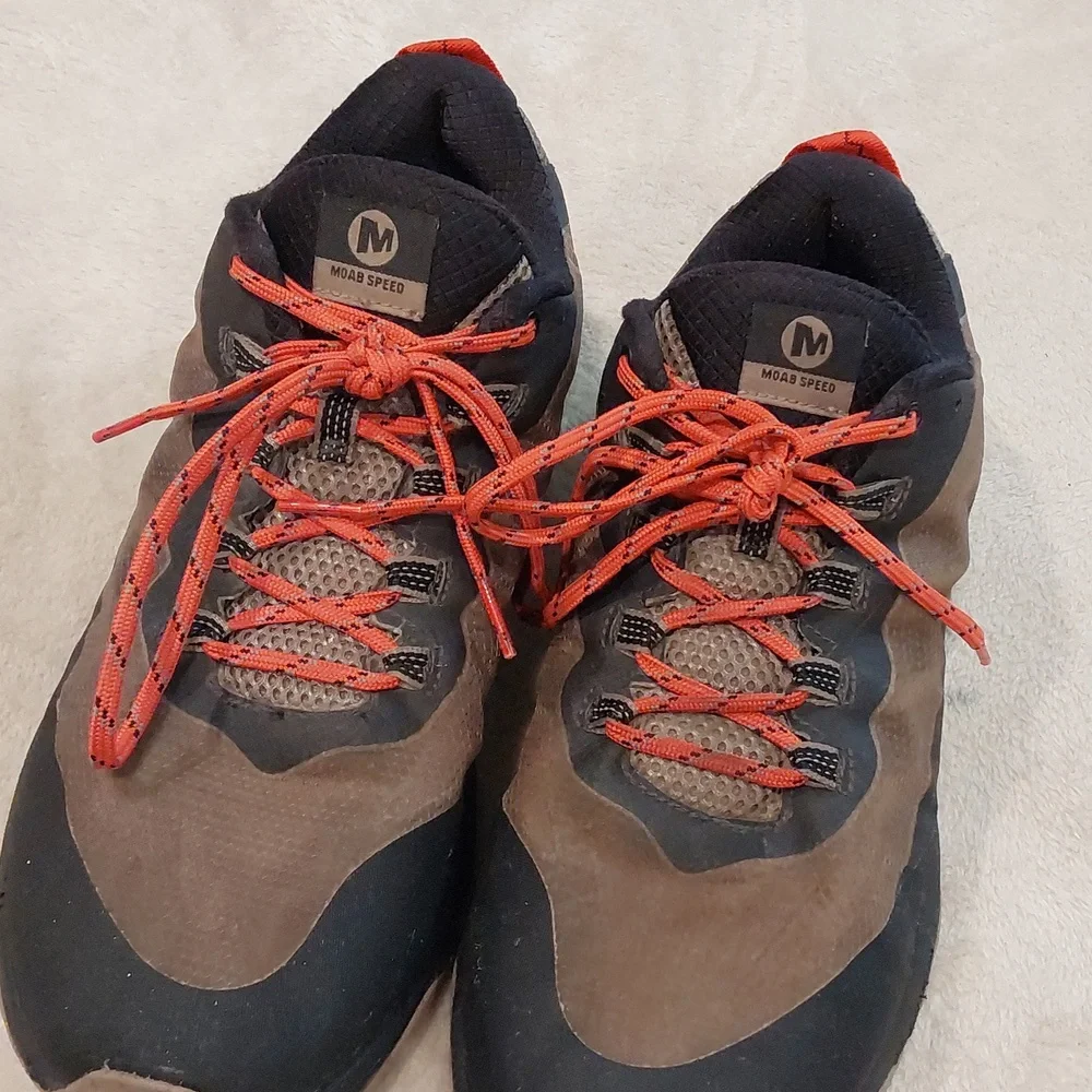 Merrell Men's Moab Speed hiking shoes black & brown with orange laces Sz 10.5 - Picture 3 of 11